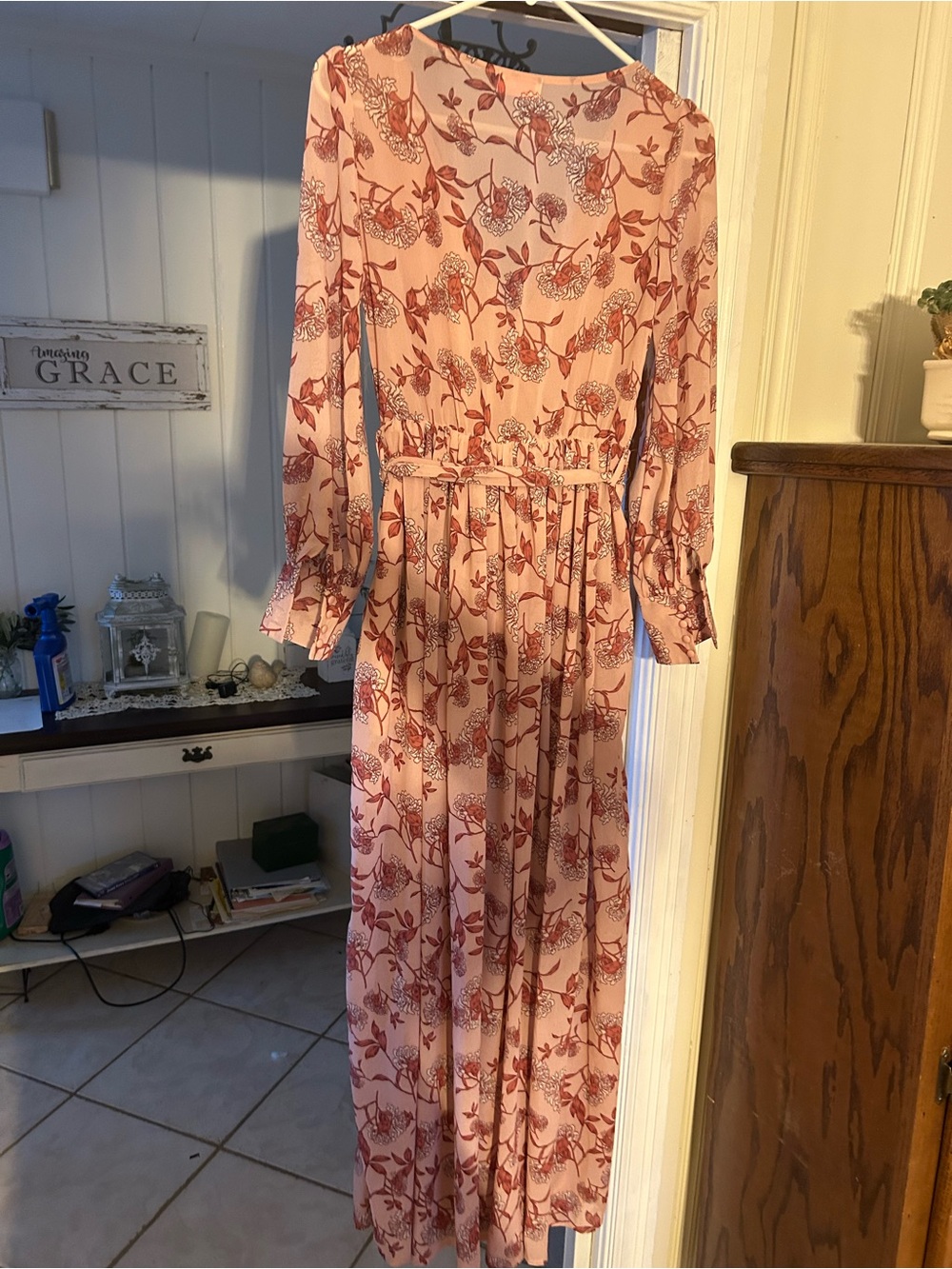 Blush Pink Floral Long-Sleeve Maxi Dress with Tie Waist